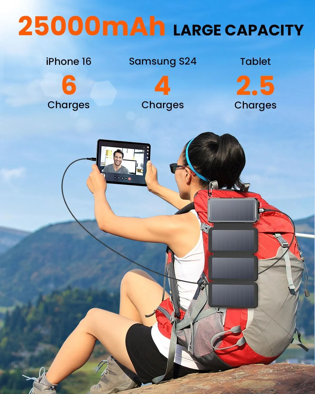 SOARAISE Solar Charger 25000mAh Wireless Portable Charger, 20W Fast Charging Power Bank with Built-in 3 Cables, PD QC 3.0 Phone Battery Pack with 4 Solar Panels & Flashlights for Camping (Red)