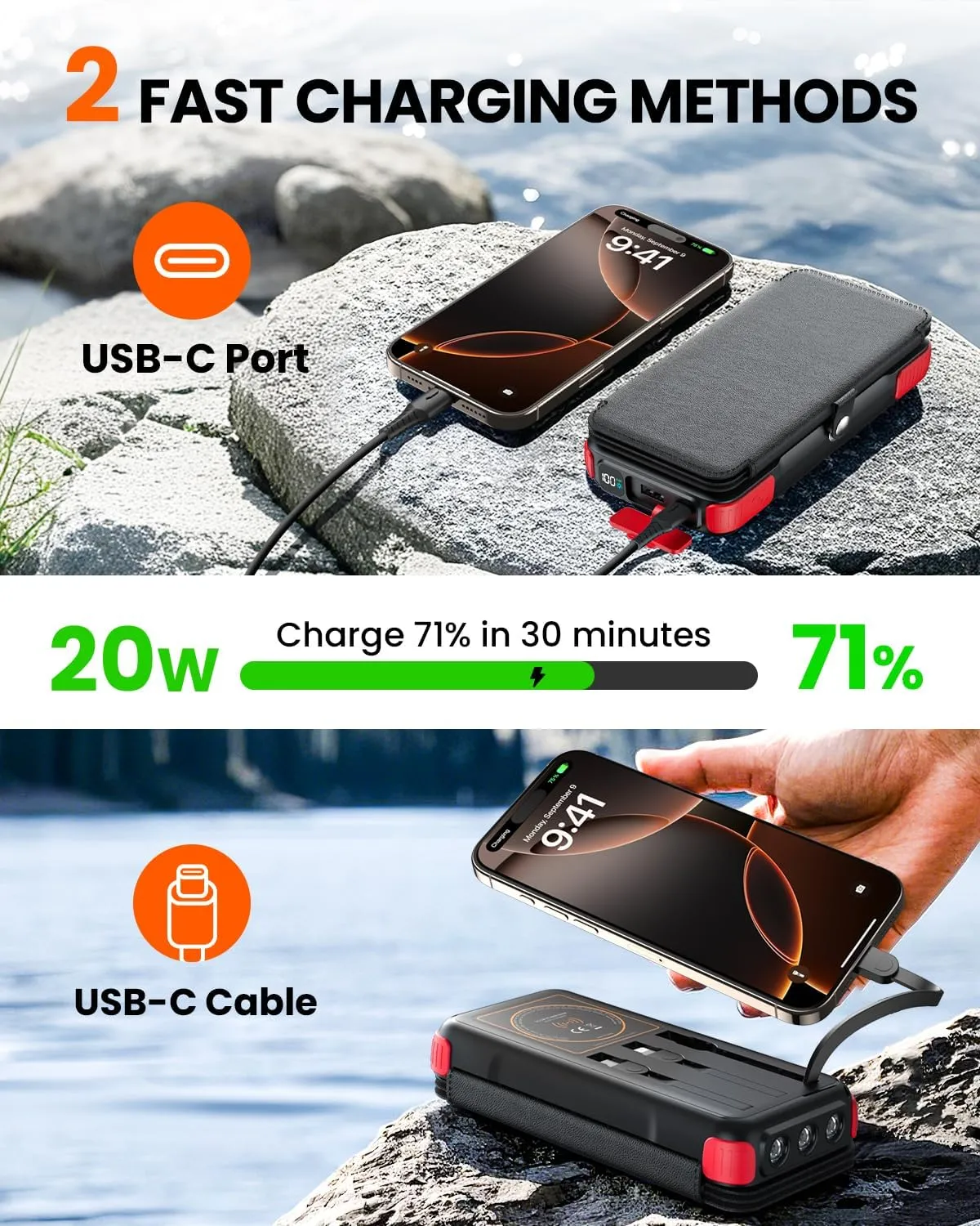SOARAISE Solar Charger 25000mAh Wireless Portable Charger, 20W Fast Charging Power Bank with Built-in 3 Cables, PD QC 3.0 Phone Battery Pack with 4 Solar Panels & Flashlights for Camping (Red)