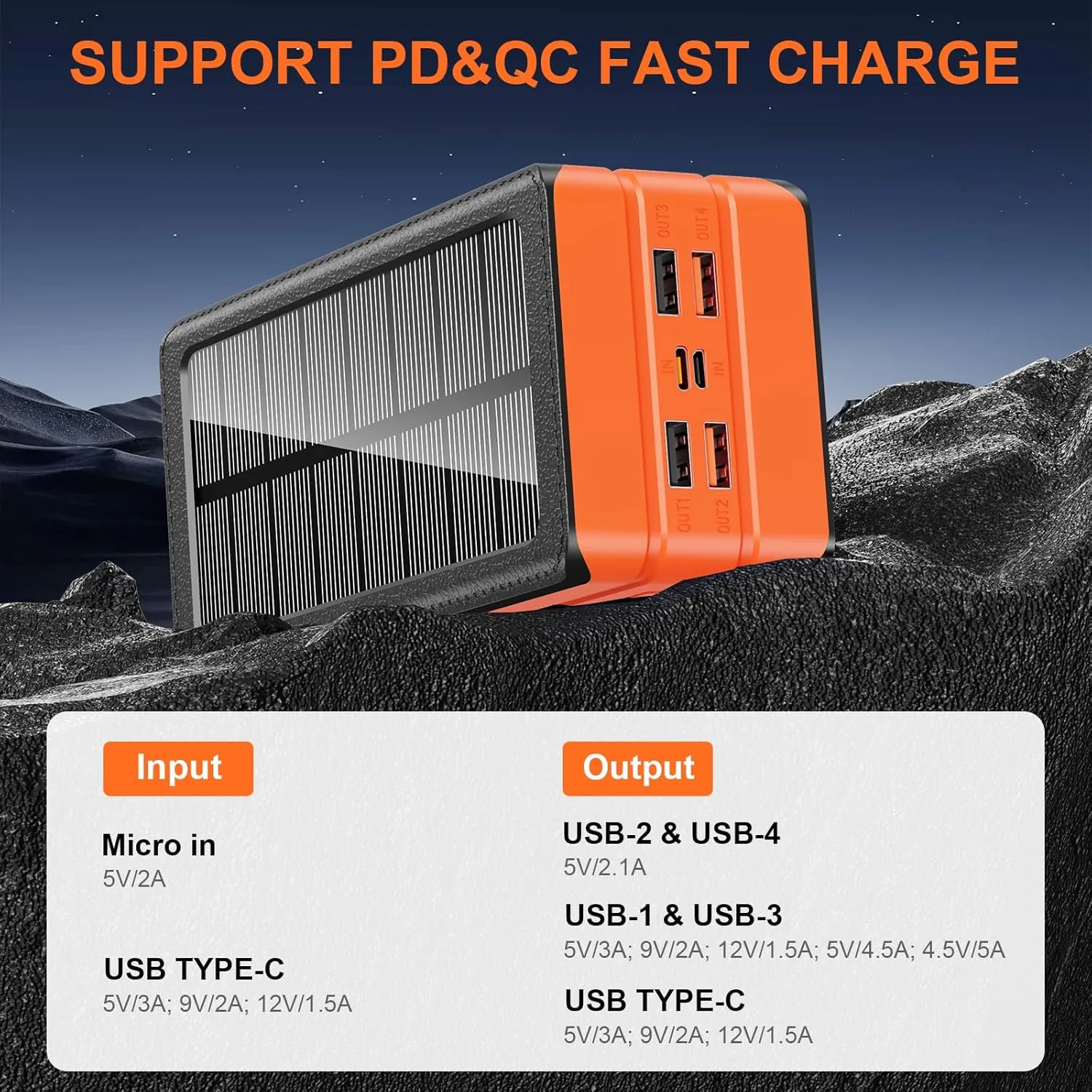 Solar Charger Power Bank 81000mAh Portable Charger USB-C in/Output PD 22.5W QC3.0 Fast Charging 5 Out Ports Battery Pack Built-in 32 Led Flashlights for iPhone Samsung Tablet Camping