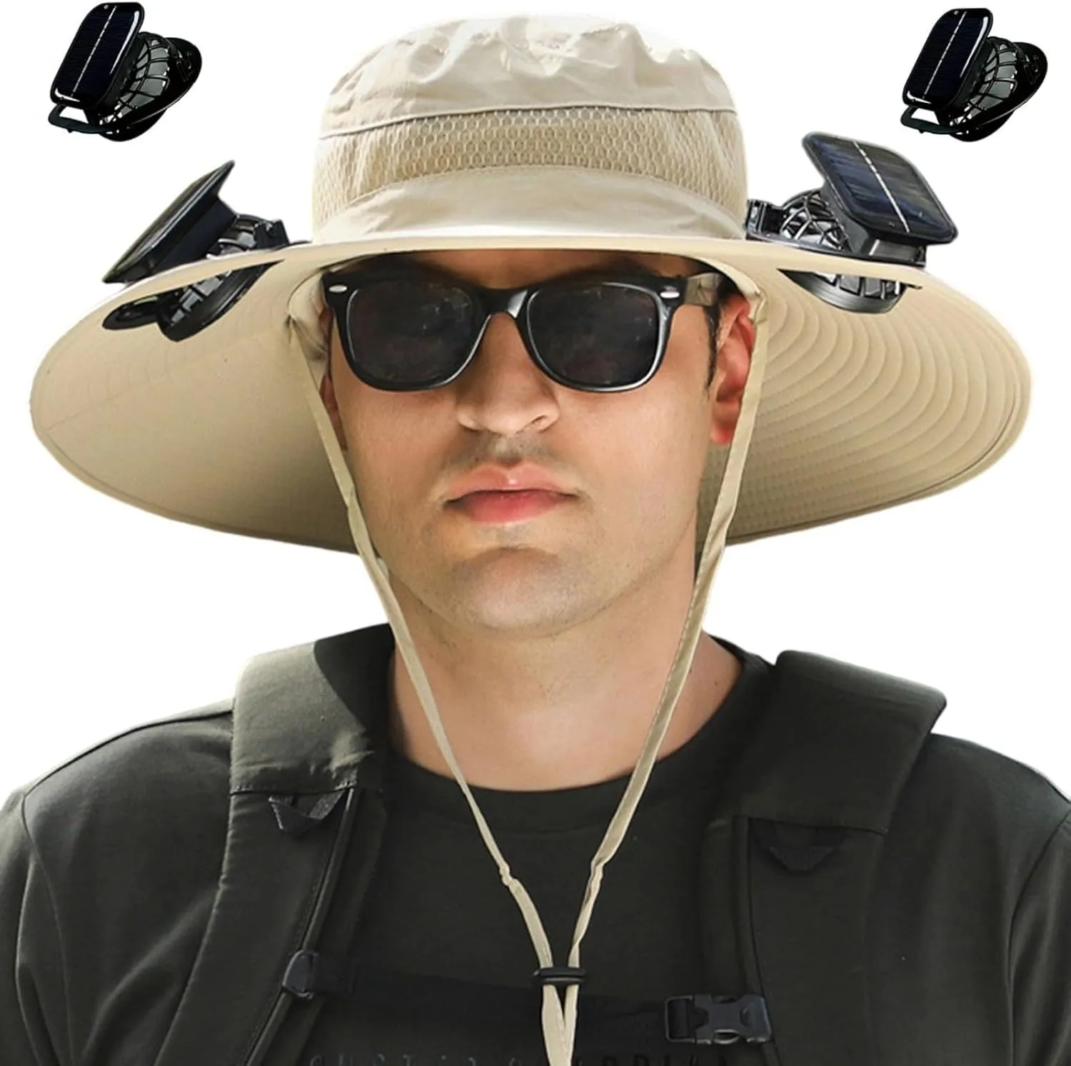 Solar Fan Hat Breathable Wide Brim Sun Hat for Men Women Sun Bucket Fishing Hats with 2 Solar Fan UPF 0 Outdoor