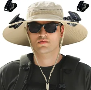 Solar Fan Hat Breathable Wide Brim Sun Hat for Men Women Sun Bucket Fishing Hats with 2 Solar Fan UPF 0 Outdoor