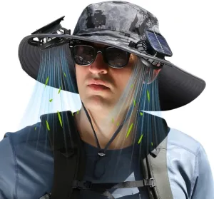 Solar Fan Hat for Men Women,Outdoor Fishing Wide Brim Sun Hat with Fans Built in Solar Power UPF 50  Bucket Fishing & Beach