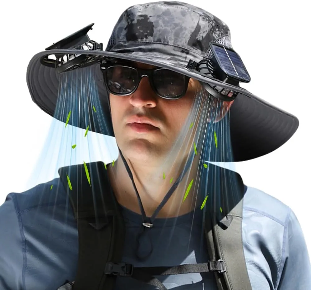 Solar Fan Hat for Men Women,Outdoor Fishing Wide Brim Sun Hat with Fans Built in Solar Power UPF 50  Bucket Fishing & Beach