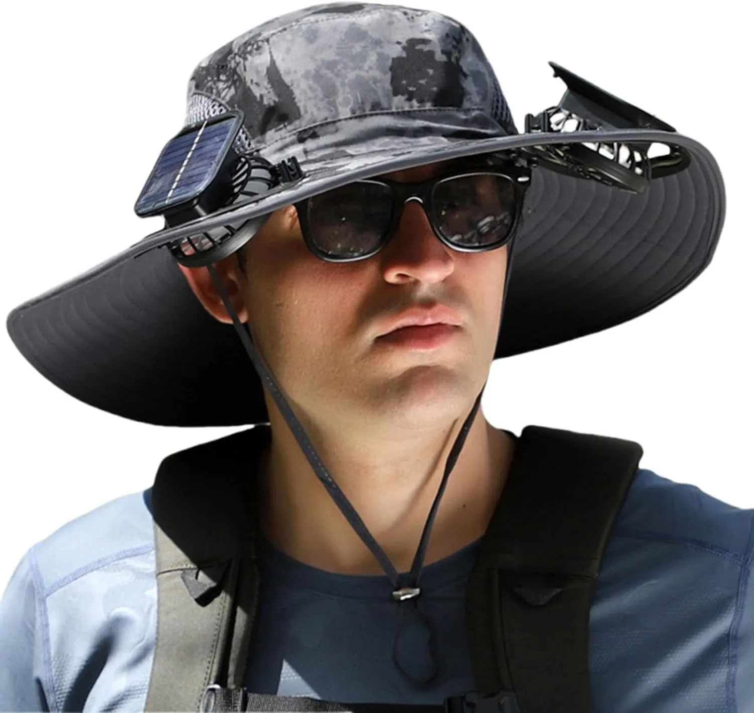Solar Fan Hat, Men Sun Hat with 2 Solar Fan, Wide Brim Solar Fan Outdoor Fishing Hat-Solar & USB Charging