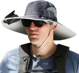 Solar Fan Hat, Men Sun Hat with 2 Solar Fan, Wide Brim Solar Fan Outdoor Fishing Hat-Solar & USB Charging