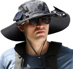 Solar Fan Hat, Men Sun Hat with 2 Solar Fan, Wide Brim Solar Fan Outdoor Fishing Hat-Solar & USB Charging