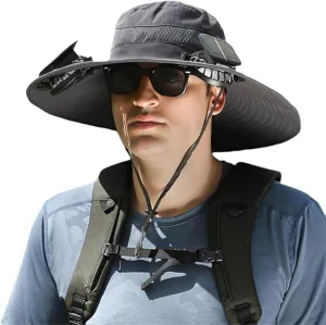 Solar Fan Hat Men Women Mens Outdoor Wide Brim Sun Hat with 2 Solar Fan Fishing hat-Removable&USB Charging Fans