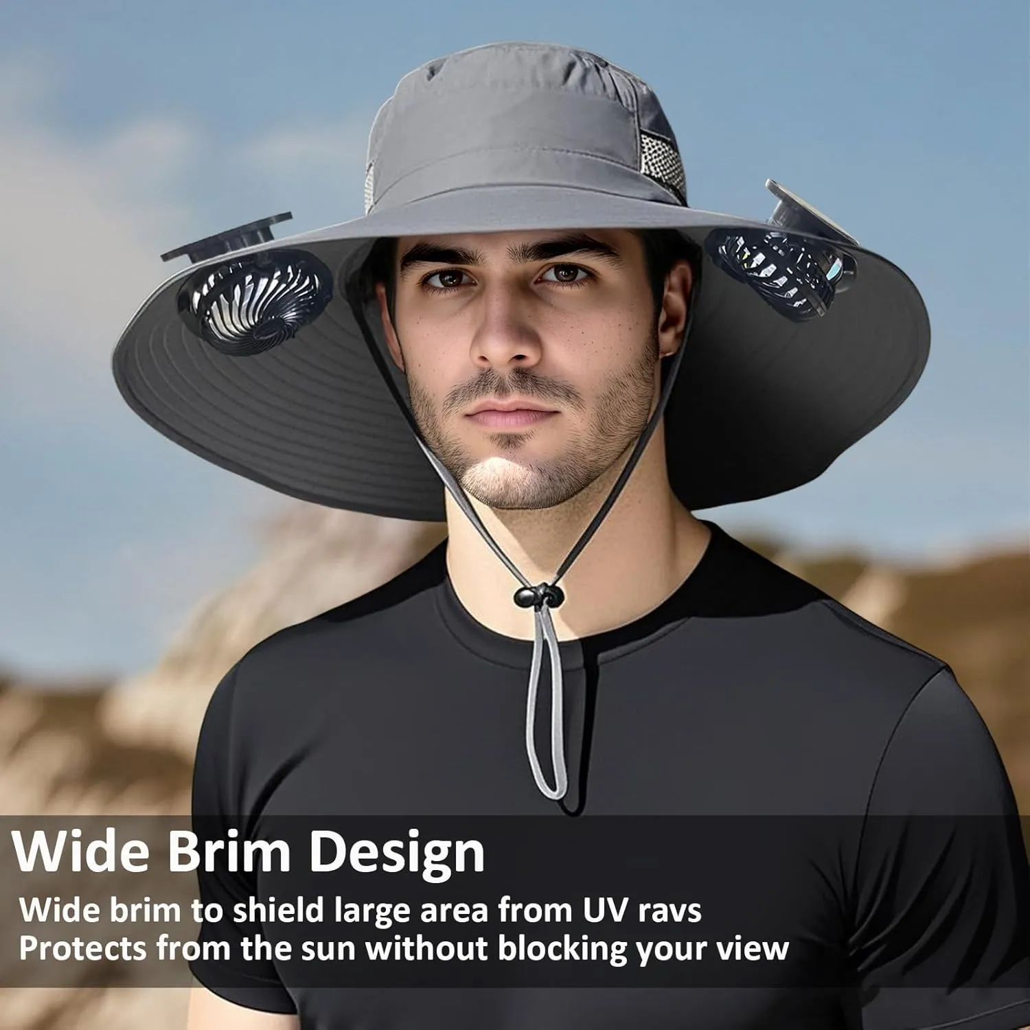 Solar Fan Hat Men Women Mens Outdoor Wide Brim Sun Hat with 2 Solar Fan Fishing hat-Removable&USB Charging Fans