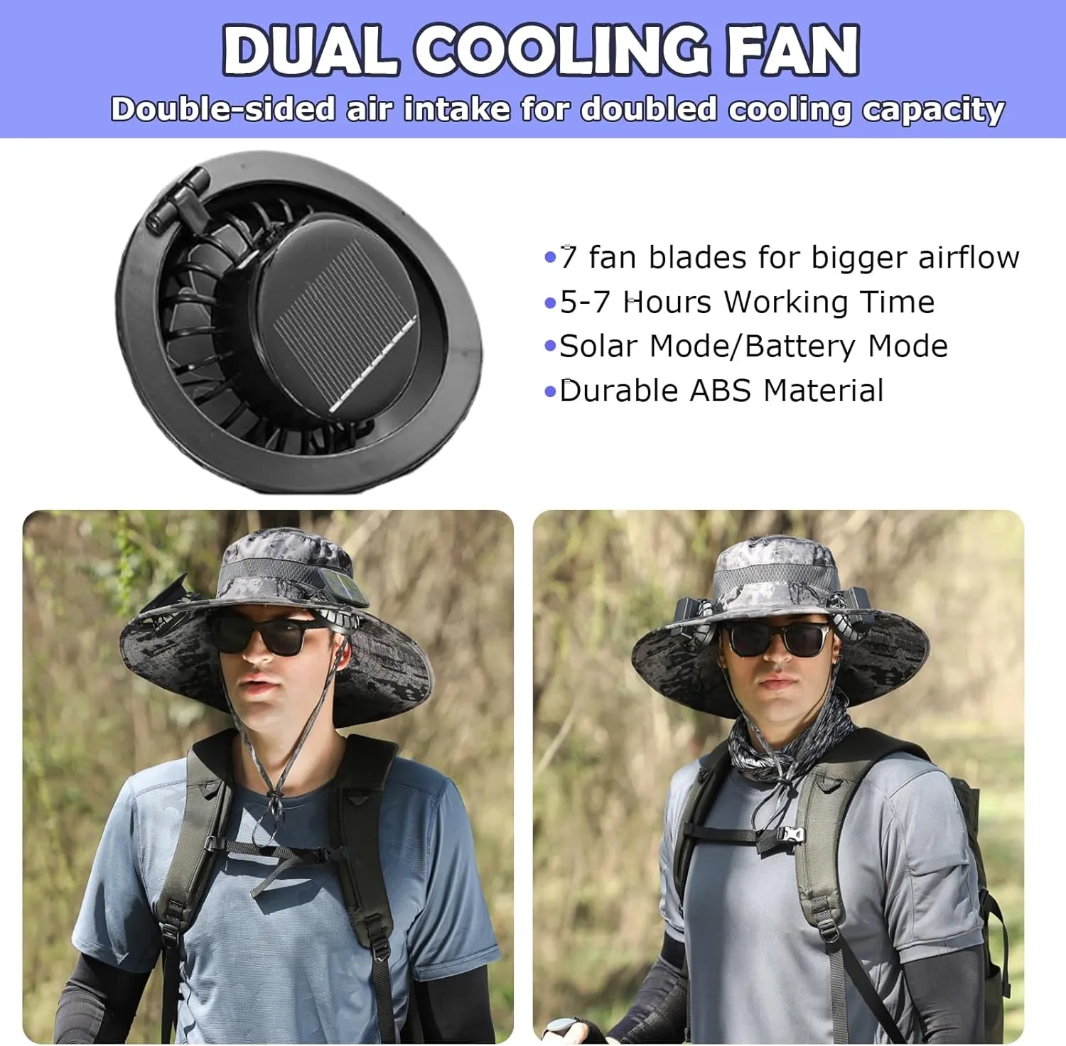 Solar Fan Hat Men Women Mens Outdoor Wide Brim Sun Hat with 2 Solar Fan Fishing hat-Removable&USB Charging Fans