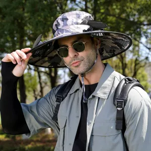 Solar Fan Hat, Outdoor Wide Brim Solar Fan Hat with 2 Solar Fans Fishing Hat, Removable & USB Charging for Fishing
