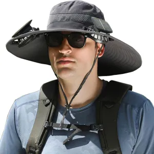 Solar Fan Hat, Wide Brim Solar Powered Fan Hat for Men Women, USB Charging UPF 50  Fishing & Beach Sombrero Sun Cap