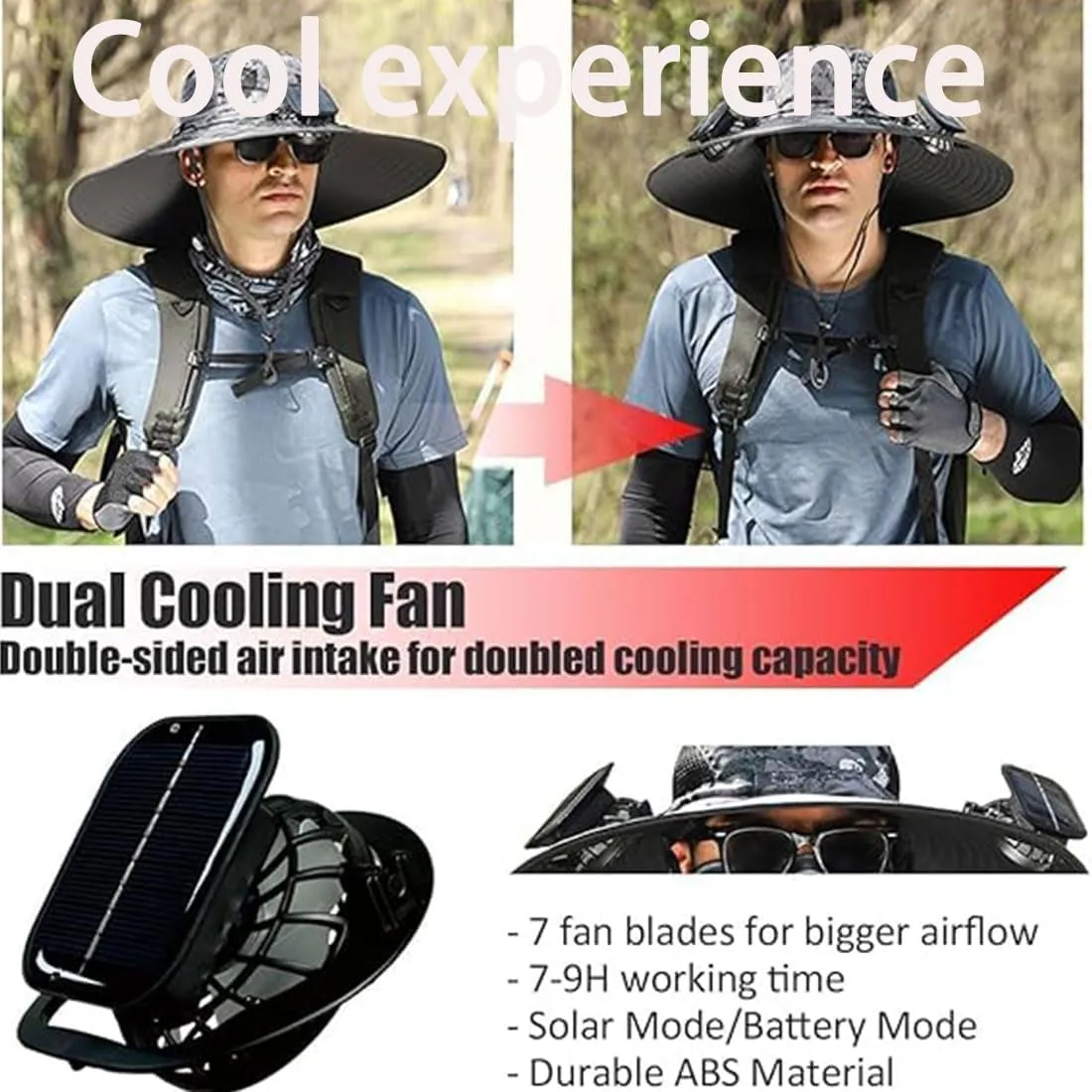 Solar Fan Hat, Wide Brim Solar Powered Fan Hat for Men Women, USB Charging UPF 50  Fishing & Beach Sombrero Sun Cap