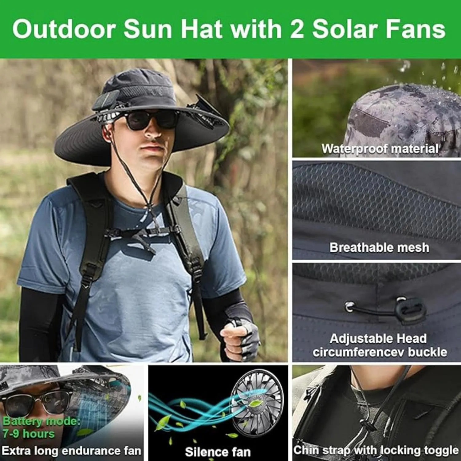 Solar Fan Hat,2025 New Solar Powered Fan Hat,with 2 Solar Fan Fishing Hat,Removable & USBCharging Fan (US, Alpha, One Size, Camouflage)