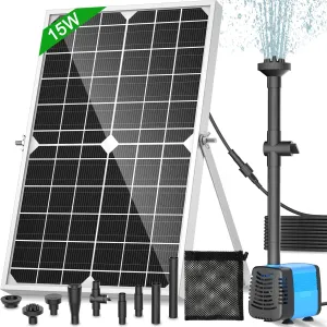 Solar Fountain Pump, 15 Watt Solar Powered Water Pump 190GPH Flow Adjustable with 4 Style Sprayers & Barrier Bag for Outdoor Ponds, Water Features, Fish Tank, Waterfall, Hydroponics, Pool