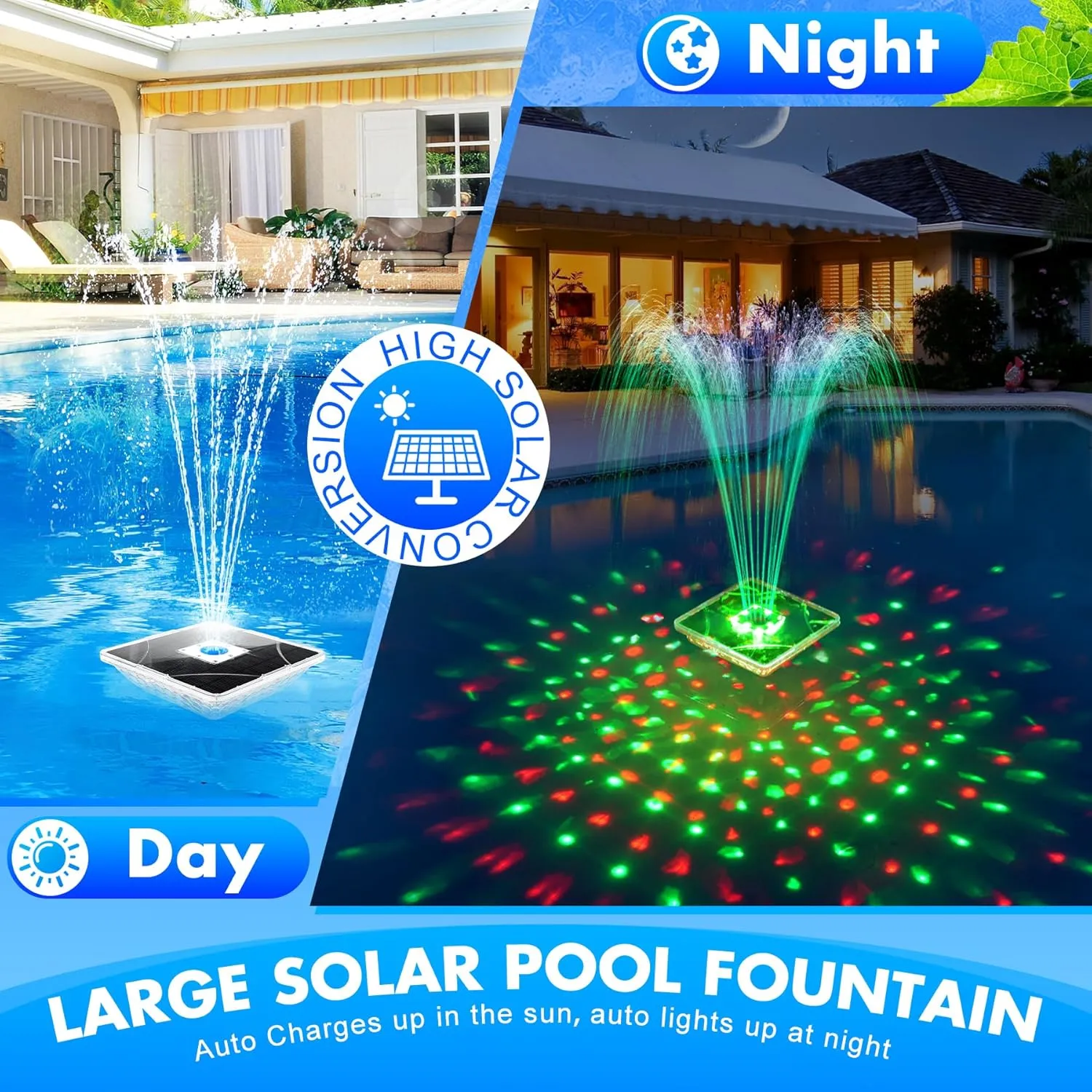 Solar Fountain with Light Show,2025 Large Solar Pool Fountain with Anchor,Square Floating Pool Fountains for Inground Above Ground Pool,Solar Powered Water Fountains Pump for Pool-White,1PC