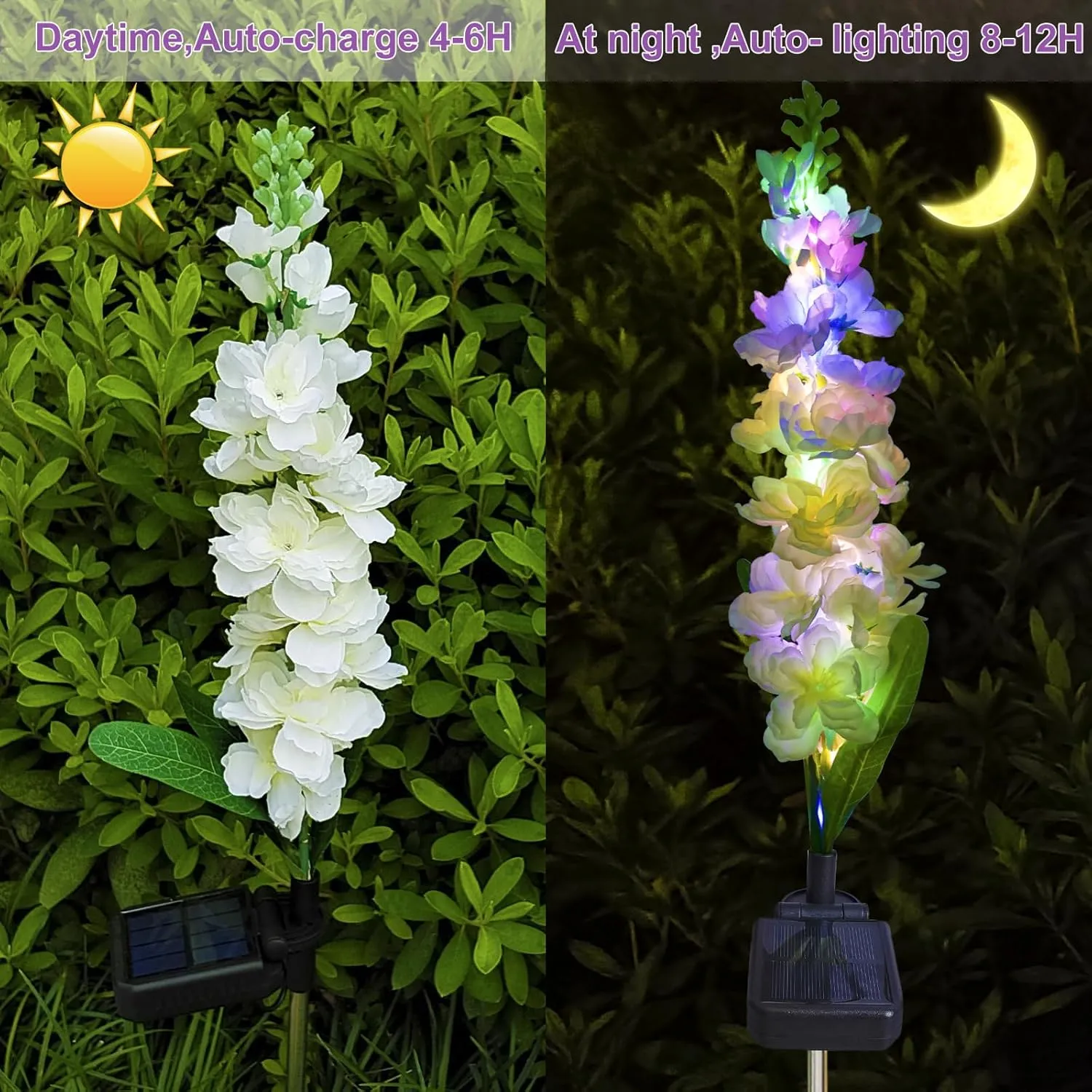 Solar Garden Lights, Solar Delphinium Flowers Lights 4 Pack 80 LEDs, Waterproof Outdoor Light Two Lighting Modes for Outside Wedding Party Garden Yard Patio Lawn Decor