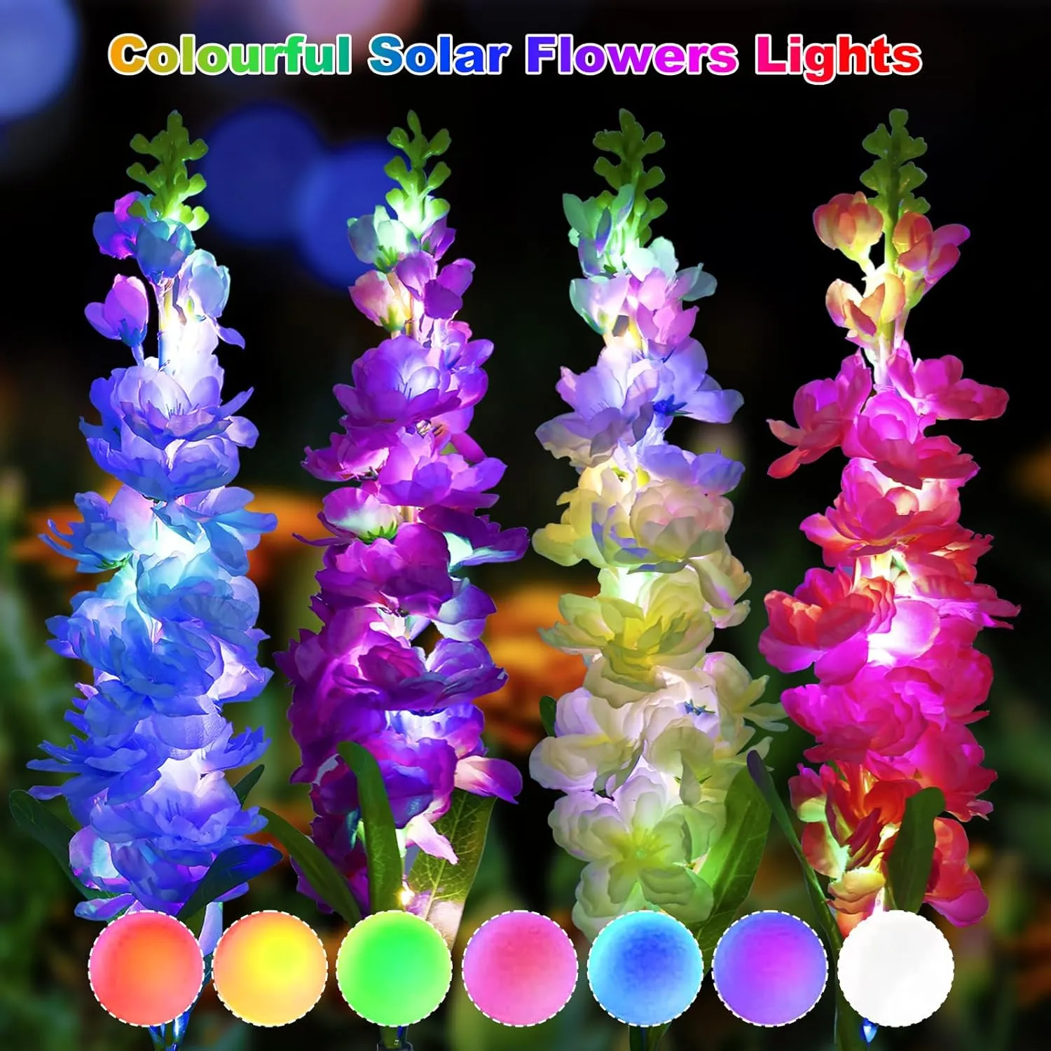 Solar Garden Lights, Solar Delphinium Flowers Lights 4 Pack 80 LEDs, Waterproof Outdoor Light Two Lighting Modes for Outside Wedding Party Garden Yard Patio Lawn Decor