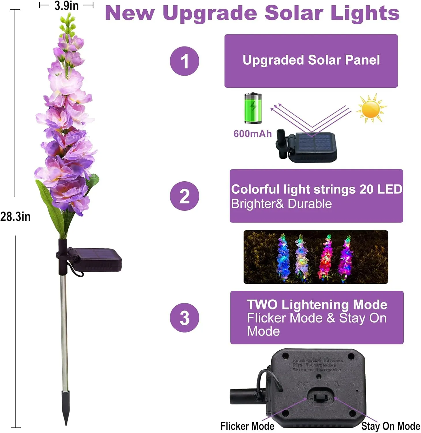 Solar Garden Lights, Solar Delphinium Flowers Lights 4 Pack 80 LEDs, Waterproof Outdoor Light Two Lighting Modes for Outside Wedding Party Garden Yard Patio Lawn Decor