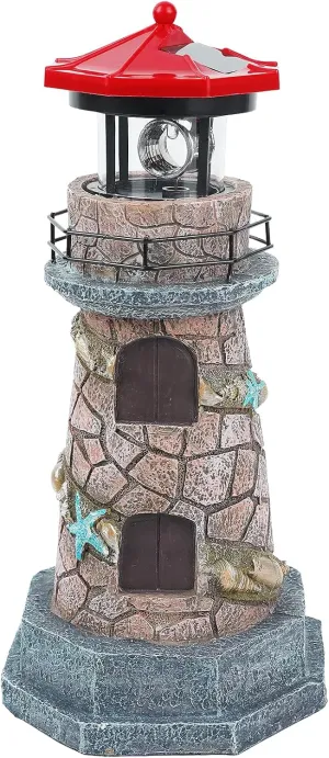 Solar Lighthouse with Rotating Beacon,11.5" Outdoor Garden Lighthouse Decor,Waterproof Statue Light House Lamp for Yard Lawn Patio Gifts