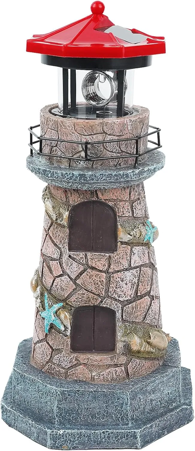 Solar Lighthouse with Rotating Beacon,11.5" Outdoor Garden Lighthouse Decor,Waterproof Statue Light House Lamp for Yard Lawn Patio Gifts