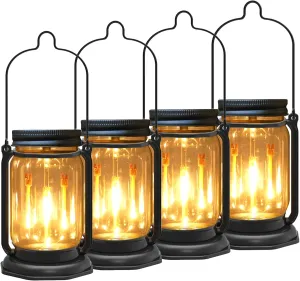 Solar Mason Jar Meteor Light Lanterns, Falling Raindrops Warm White LED Lights Build-in Mason Jar, Outdoor Decorative Waterproof with Stakes for Patio, Yard, Lawn, Tree (Vintage Lanterns, 4)
