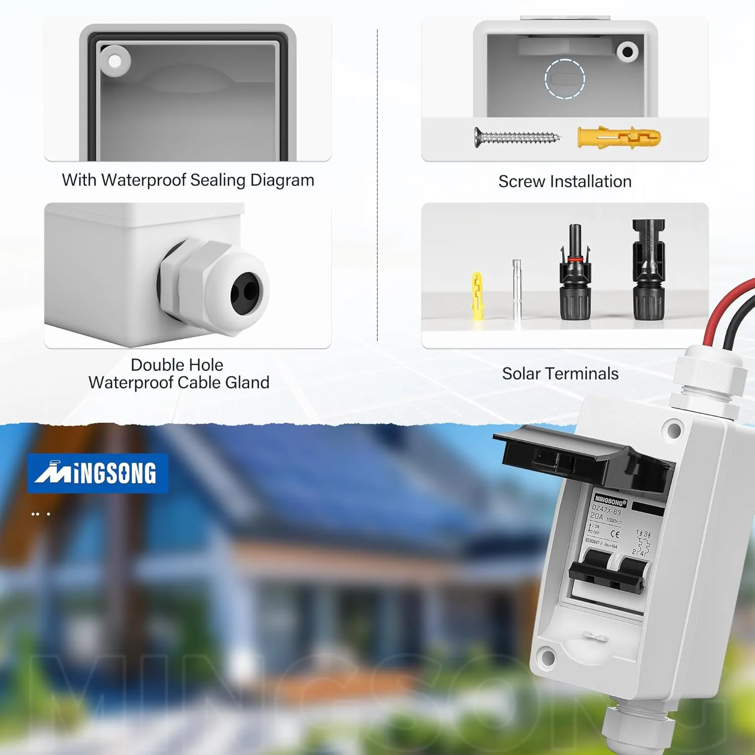 Solar Panels Disconnect Switch 20Amp DC Solar Shut Off Switch 1000V 2 Poles Outdoor Small Miniature Circuit Breaker Box, IP65 Waterproof UV-Proof for PV Homes