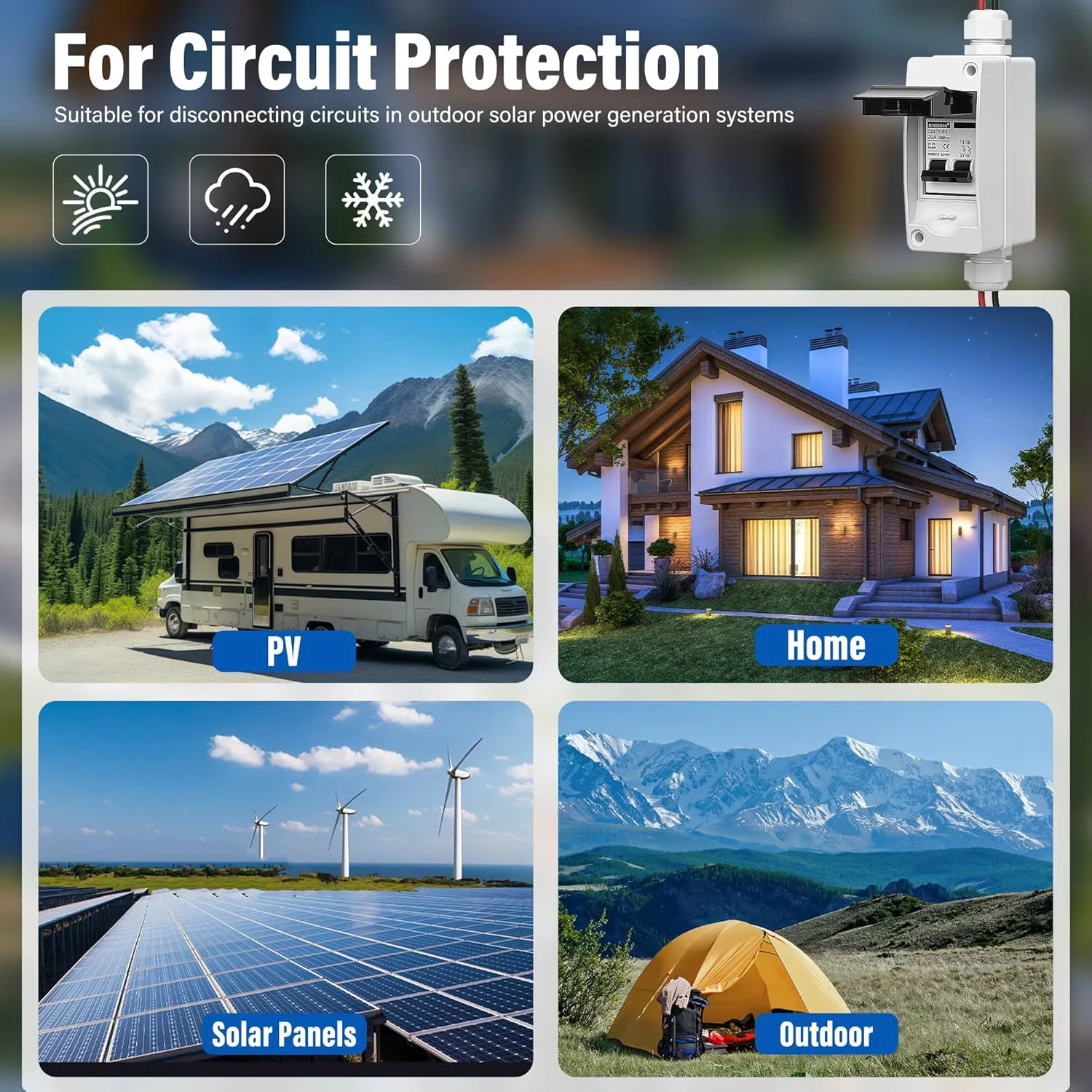 Solar Panels Disconnect Switch 20Amp DC Solar Shut Off Switch 1000V 2 Poles Outdoor Small Miniature Circuit Breaker Box, IP65 Waterproof UV-Proof for PV Homes