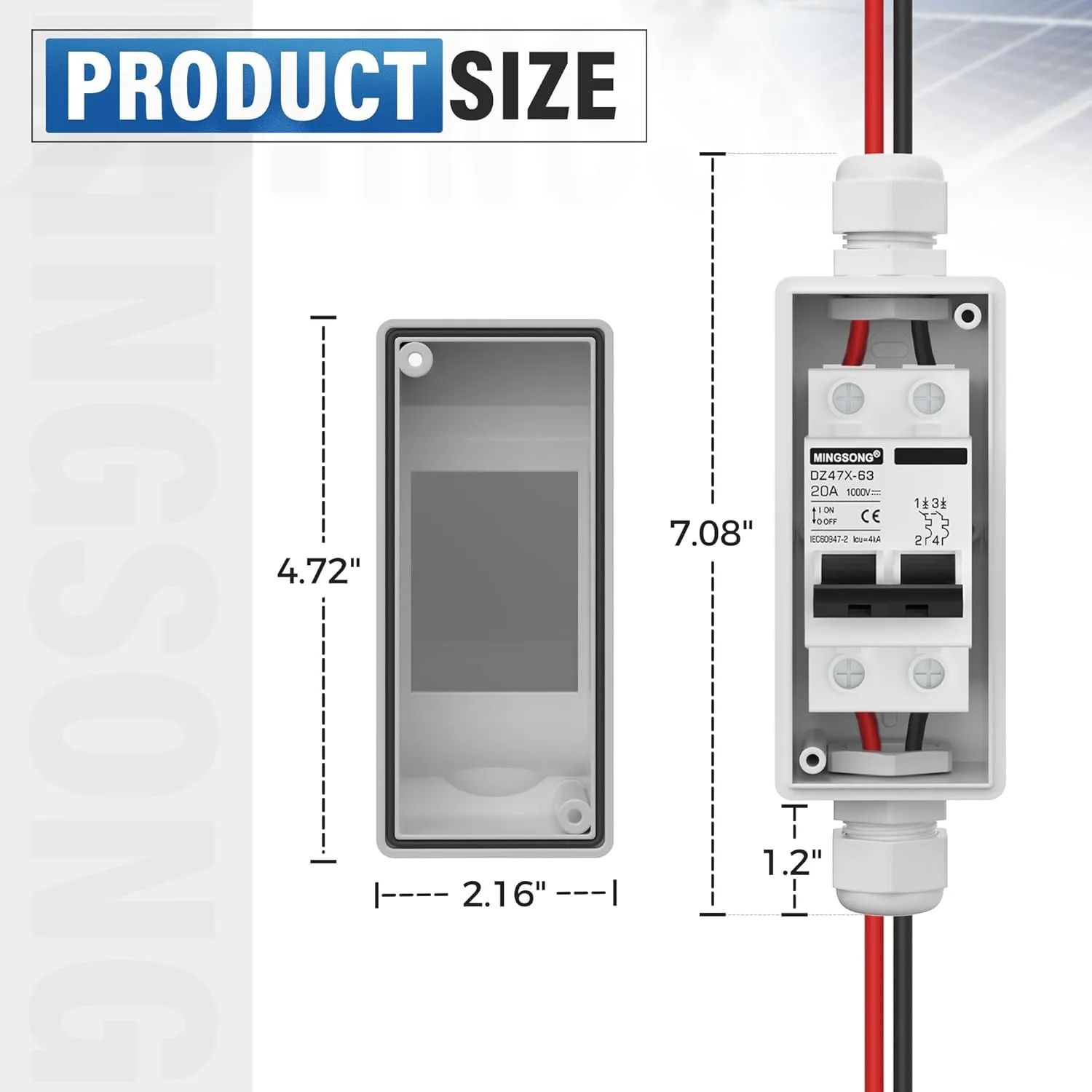 Solar Panels Disconnect Switch 20Amp DC Solar Shut Off Switch 1000V 2 Poles Outdoor Small Miniature Circuit Breaker Box, IP65 Waterproof UV-Proof for PV Homes