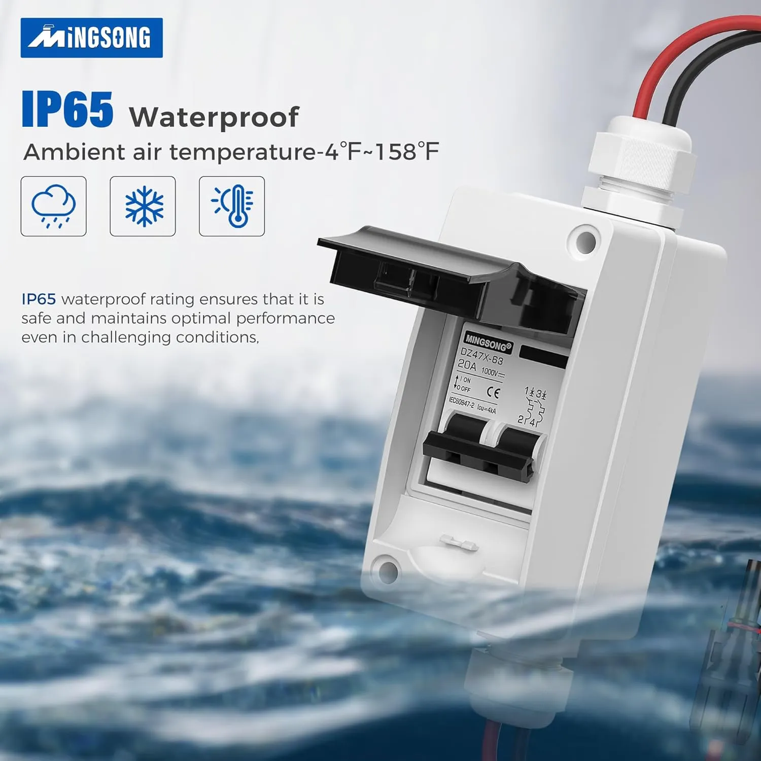 Solar Panels Disconnect Switch 20Amp DC Solar Shut Off Switch 1000V 2 Poles Outdoor Small Miniature Circuit Breaker Box, IP65 Waterproof UV-Proof for PV Homes