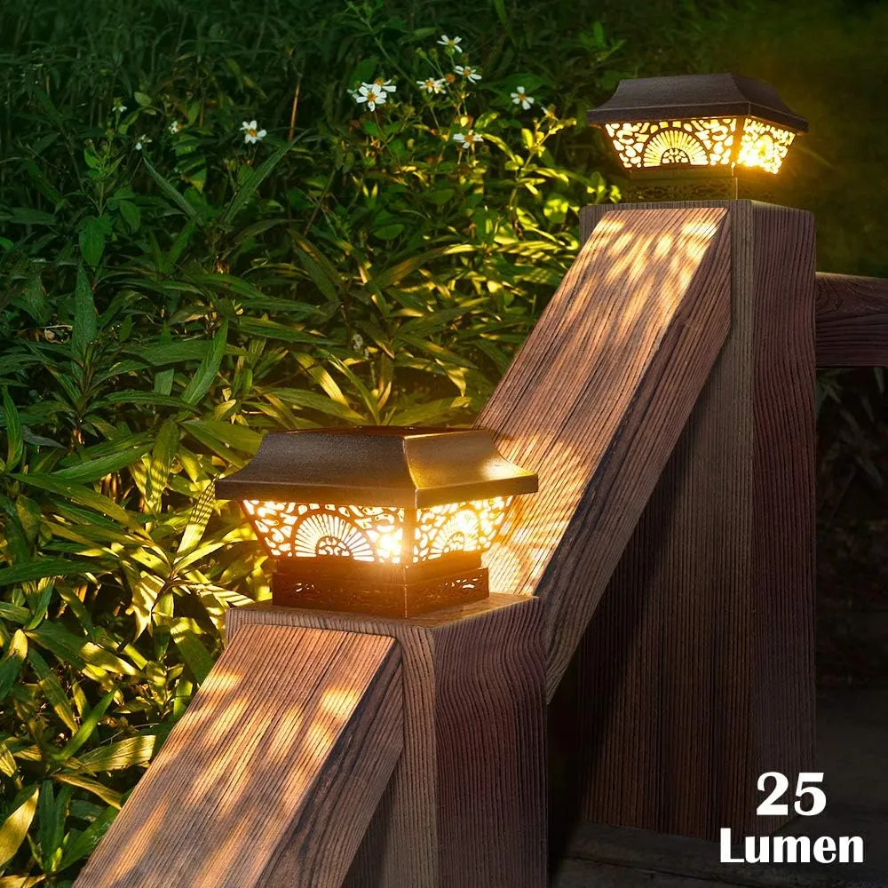 Solar Post Lights 2 Pack Solar Post Cap Lights Outdoor Waterproof Metal 25 Lumen Warm White LED Lighting for 3.5x3.5 4x4 5x5 Wooden Fence Posts, Deck Rail, Yard, Patio, Garden (Black)