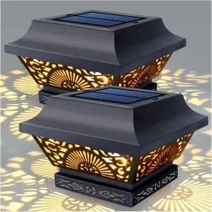 Solar Post Lights 2 Pack Solar Post Cap Lights Outdoor Waterproof Metal 25 Lumen Warm White LED Lighting for 3.5x3.5 4x4 5x5 Wooden Fence Posts, Deck Rail, Yard, Patio, Garden (Black)
