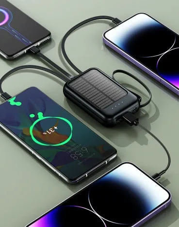 Solar Power Bank 20000mAh Super Fast Charging Compact Portable Built-in 4 Cable High Capacity External Battery With Led Light