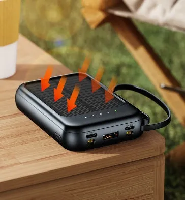Solar Power Bank 20000mAh Super Fast Charging Compact Portable Built-in 4 Cable High Capacity External Battery With Led Light