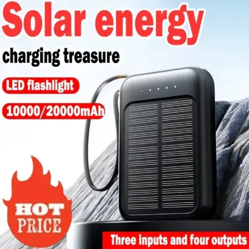 Solar Power Bank 20000mAh Super Fast Charging Compact Portable Built-in 4 Cable High Capacity External Battery With Led Light