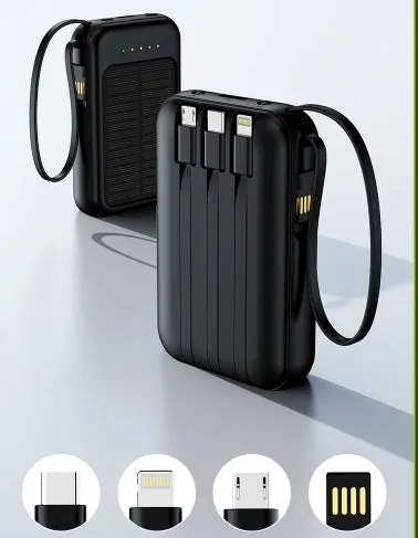 Solar Power Bank 20000mAh Super Fast Charging Compact Portable Built-in 4 Cable High Capacity External Battery With Led Light