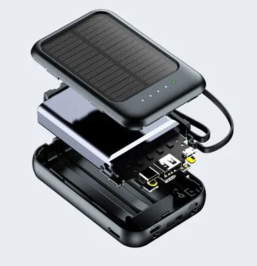 Solar Power Bank 20000mAh Super Fast Charging Compact Portable Built-in 4 Cable High Capacity External Battery With Led Light