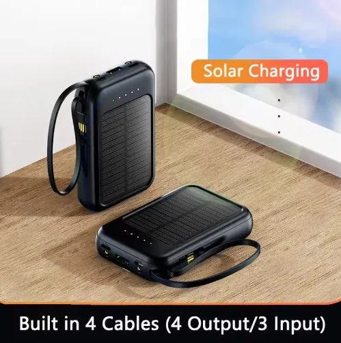 Solar Power Bank 20000mAh Super Fast Charging Compact Portable Built-in 4 Cable High Capacity External Battery With Led Light