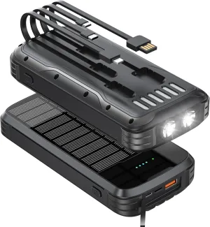 Solar-Power-Bank-Charger, 40000mAh Portable Phone Charger Built in 4 Cables with USB C in/Output, PD 20W Fast Charging External Batter, External Battery Pack with Dual Bright Flashlights