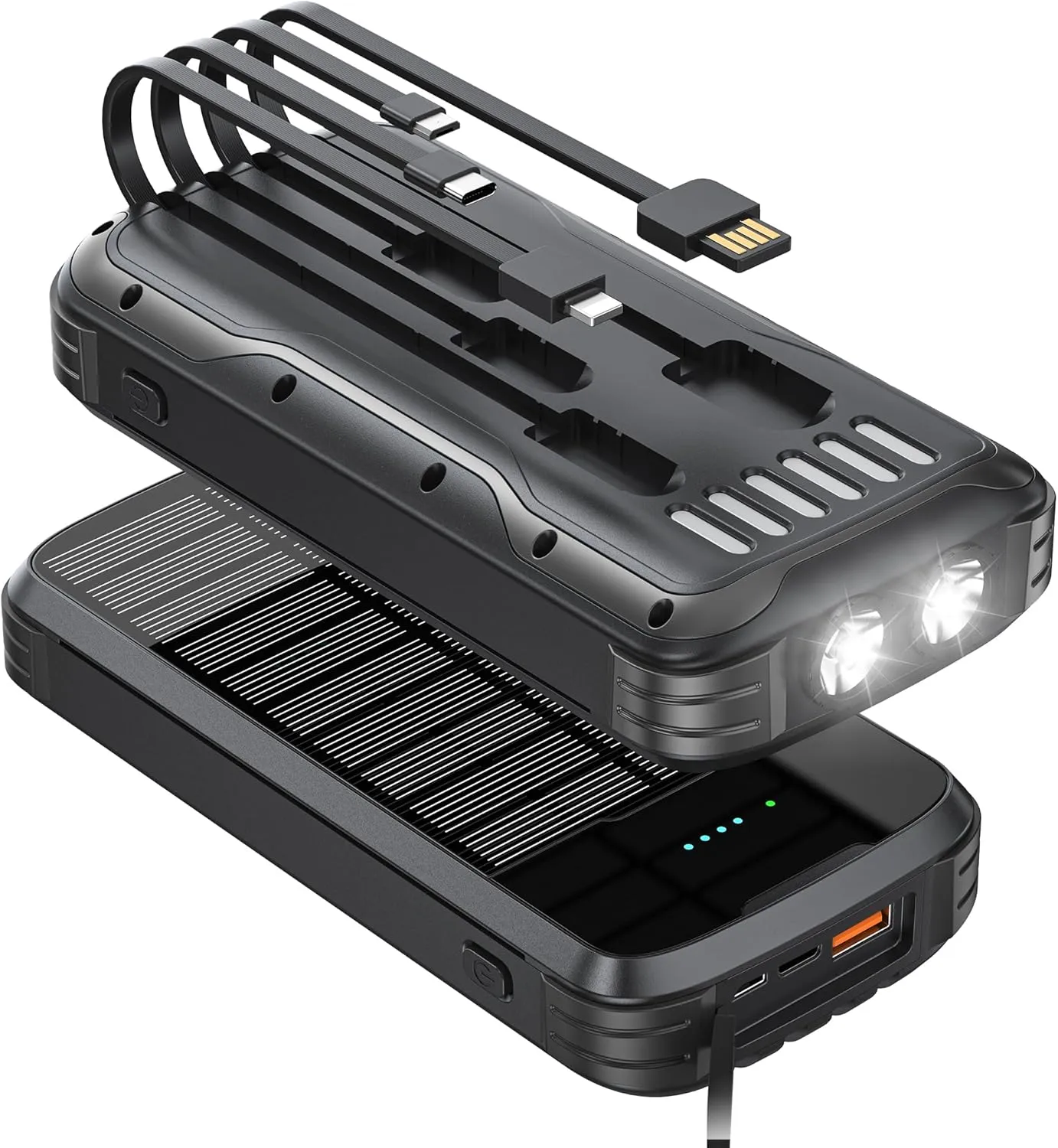 Solar-Power-Bank-Charger, 40000mAh Portable Phone Charger Built in 4 Cables with USB C in/Output, PD 20W Fast Charging External Batter, External Battery Pack with Dual Bright Flashlights