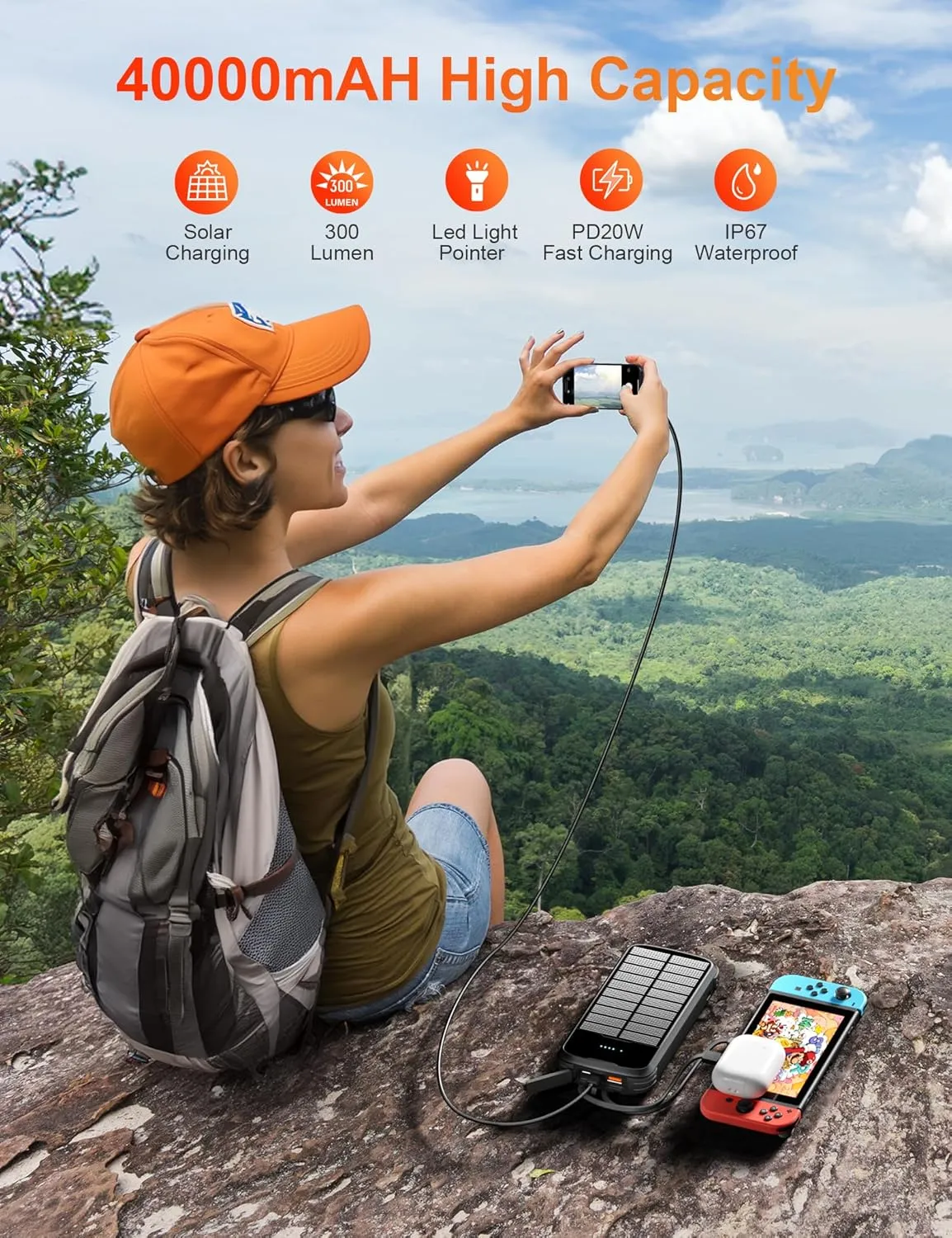 Solar-Power-Bank-Charger, 40000mAh Portable Phone Charger Built in 4 Cables with USB C in/Output, PD 20W Fast Charging External Batter, External Battery Pack with Dual Bright Flashlights