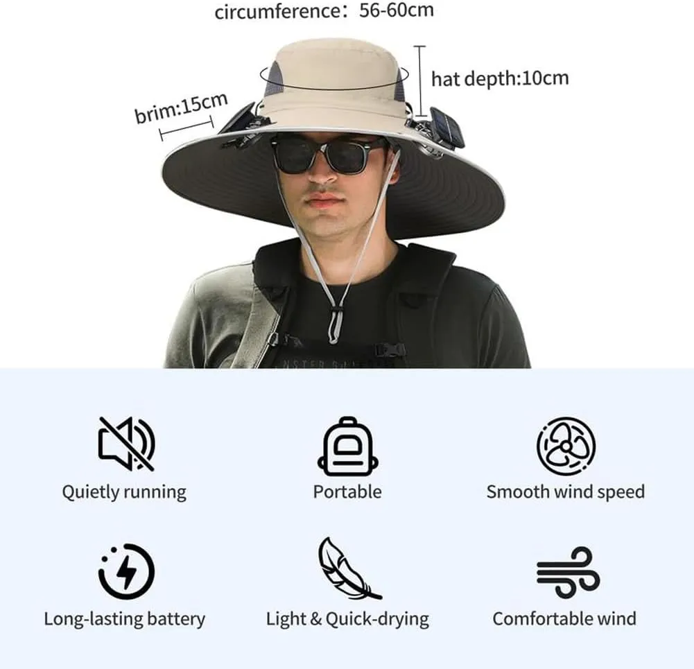Solar Powered Fan Hat for Men, Outdoor Wide Brim Hat with Fans Solar Power, UPF 50 , Removable & USB Charging Fan