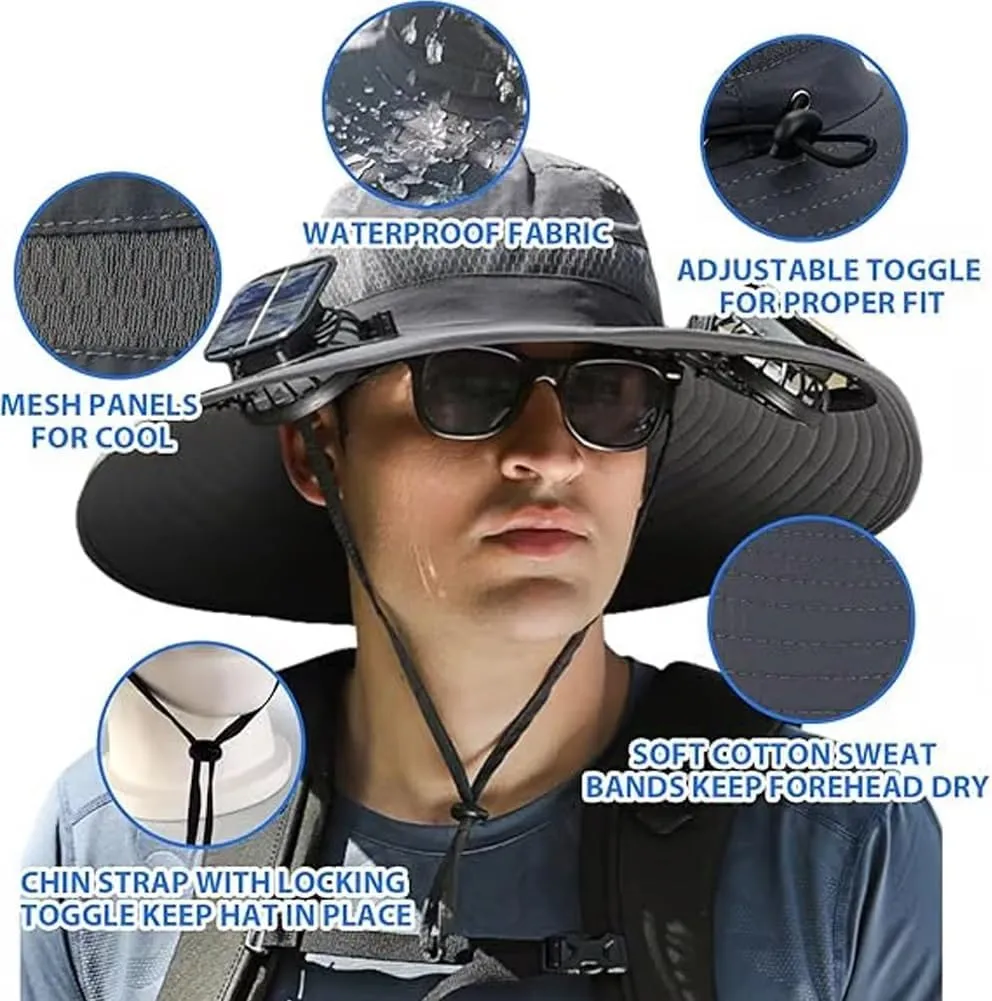 Solar Powered Fan Hat for Men, Outdoor Wide Brim Hat with Fans Solar Power, UPF 50 , Removable & USB Charging Fan