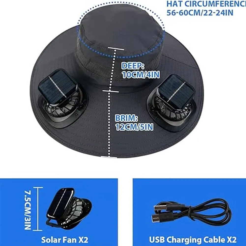 Solar Powered Fan Hat for Men, Outdoor Wide Brim Hat with Fans Solar Power, UPF 50 , Removable & USB Charging Fan