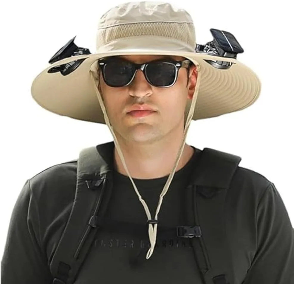 Solar Powered Fan Hat for Men, Outdoor Wide Brim Hat with Fans Solar Power, UPF 50 , Removable & USB Charging Fan
