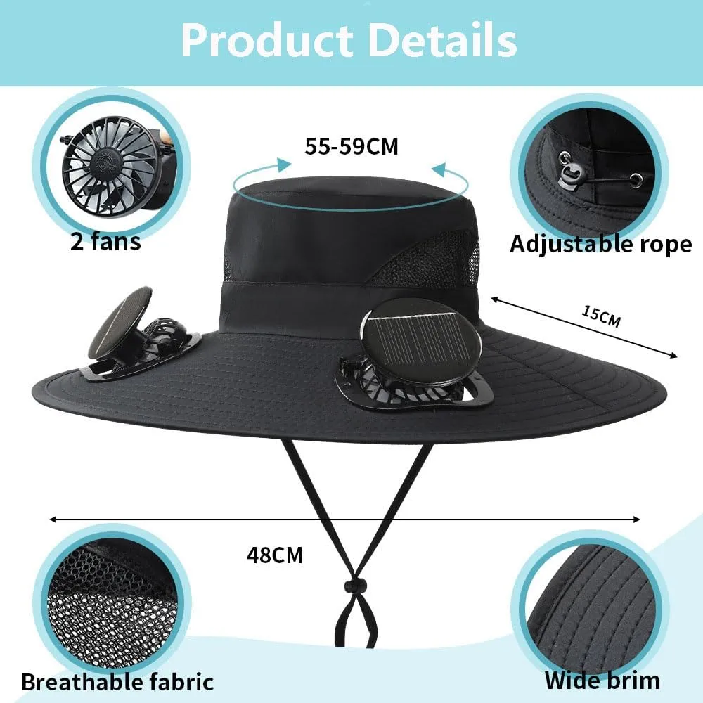 Solar Powered Fan Hat, Outdoor Solar Fan Hat for Men & Women, Wide Brim Mens Sun Hats with Fan for Outdoor