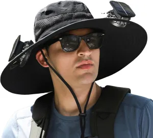 Solar Powered Fan Hat, Outdoor Wide Brim Sun Hat with USB Charging Includes 2 Solar 3 Speed Adjustable Fans