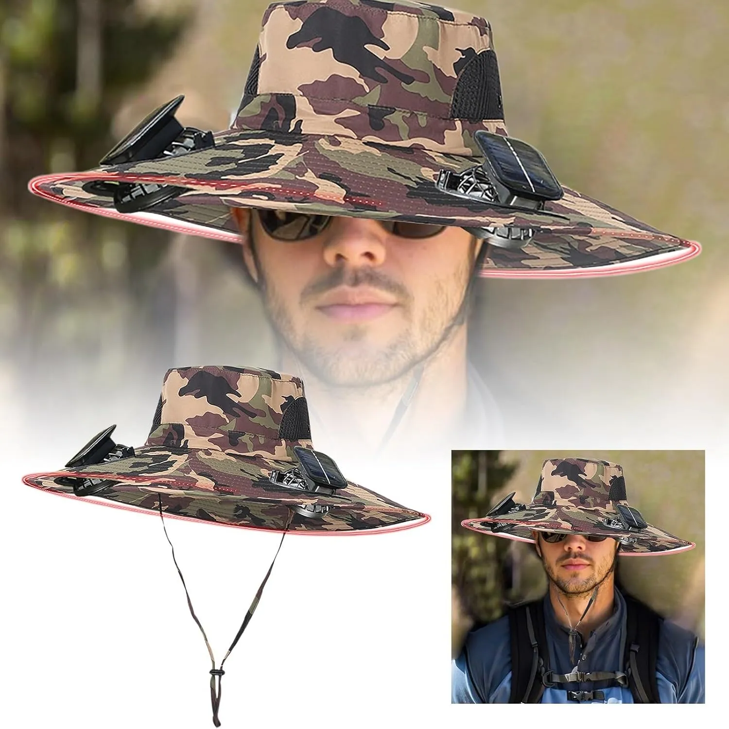 Solar Powered Fan Hat Wide Brim Solar Fan Sun Hats with 2 Solar Fan Fishing Hat - Removable & USB Charging Fan