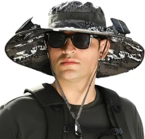 Solar Powered Fan Hat, Wide Brim Sun Protection Cap with Dual Charging, USB and Solar