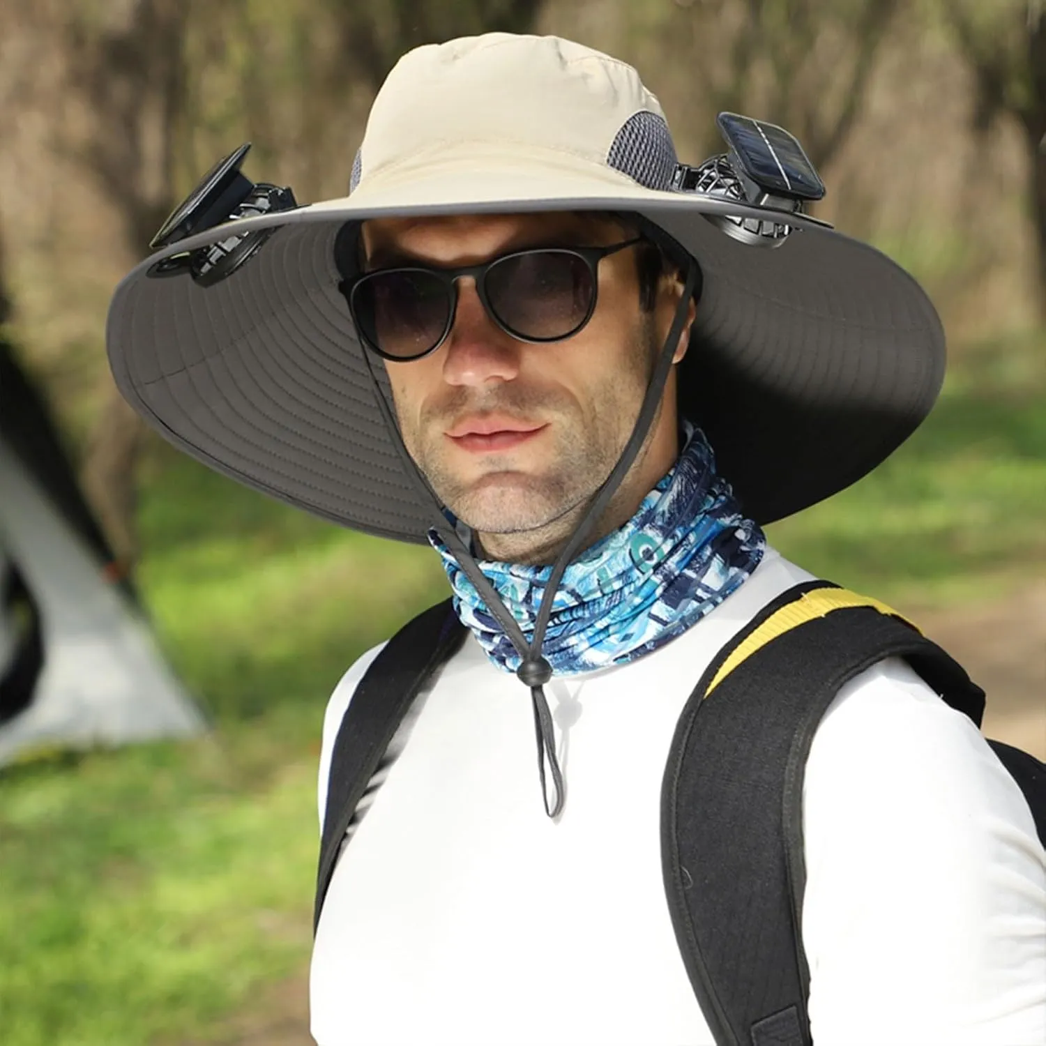Solar Powered Fan Hat with 2 Removable Fans Wide Brim Outdoor Fishing Sun Hat with Fan Built in, USB Solar Charging