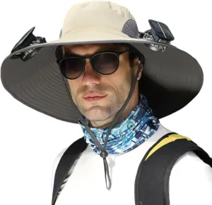 Solar Powered Fan Hat with 2 Removable Fans Wide Brim Outdoor Fishing Sun Hat with Fan Built in, USB Solar Charging